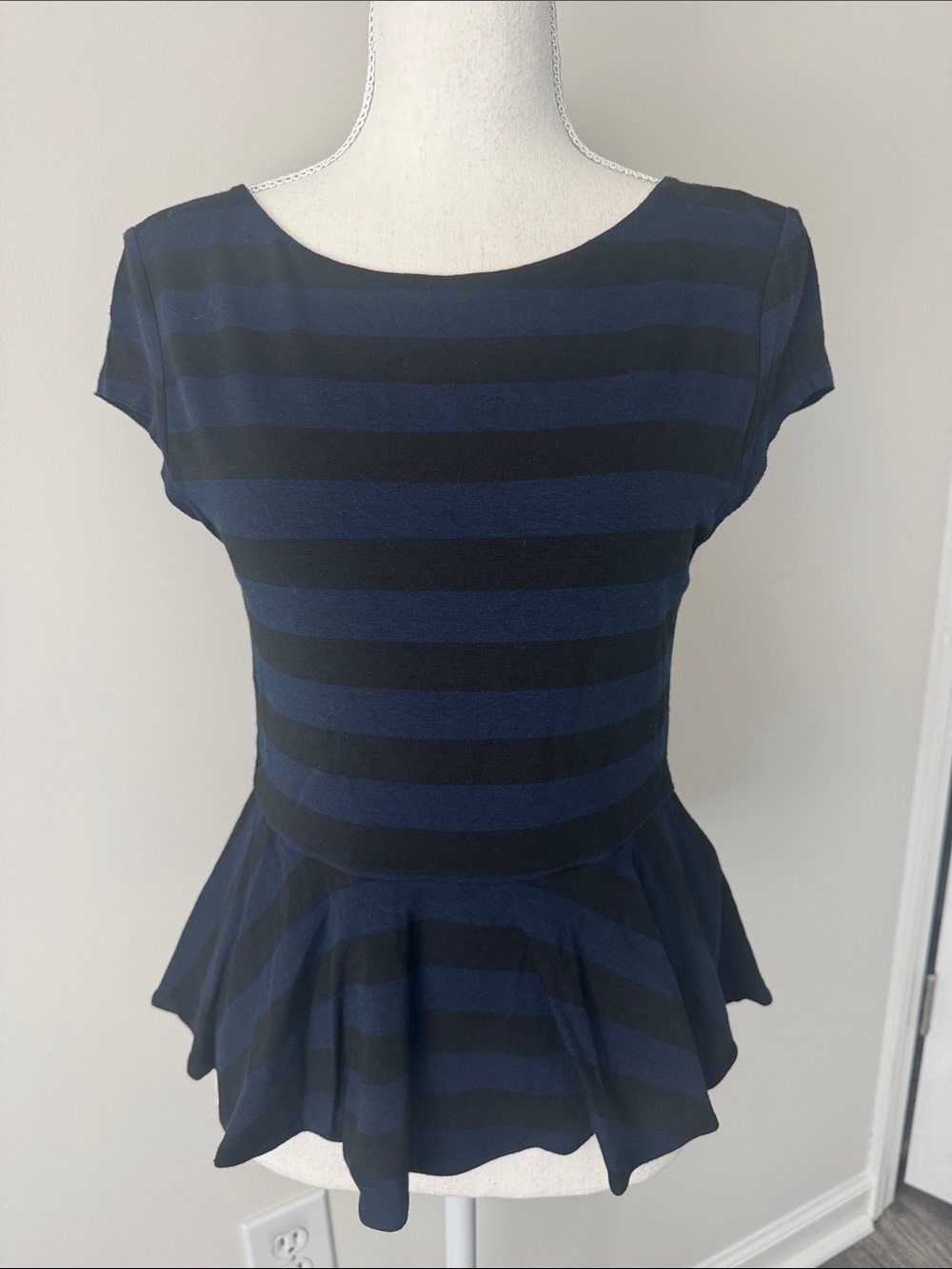 Alice and Olivia - Striped Peplum top with cap sleeves and back zipper, Size S
